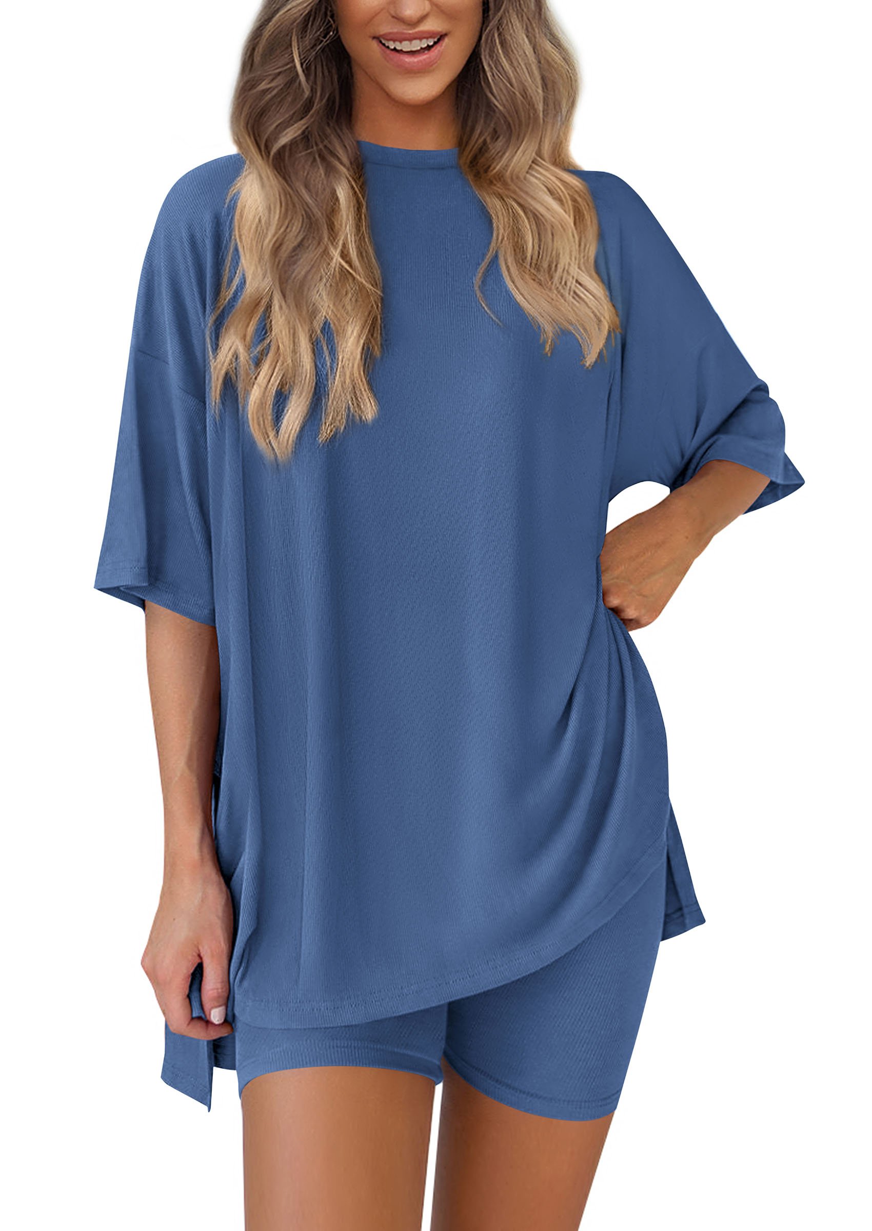 😍Last Day Promotion 49% OFF --Women's Two Piece Lounge Set 2026 Summer Casual Oversized Shirts Biker Shorts Matching Airport Travel Outfit Split Hem