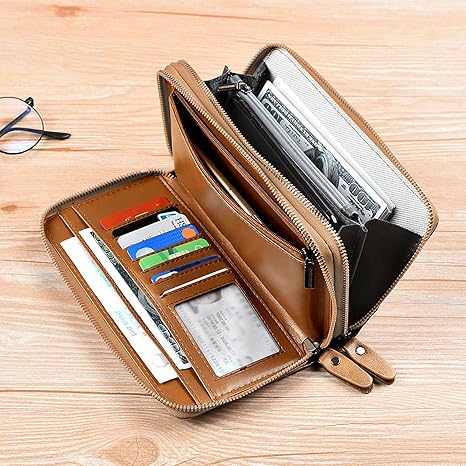 ❤Business casual genuine leather anti-theft wallet with double zippers.