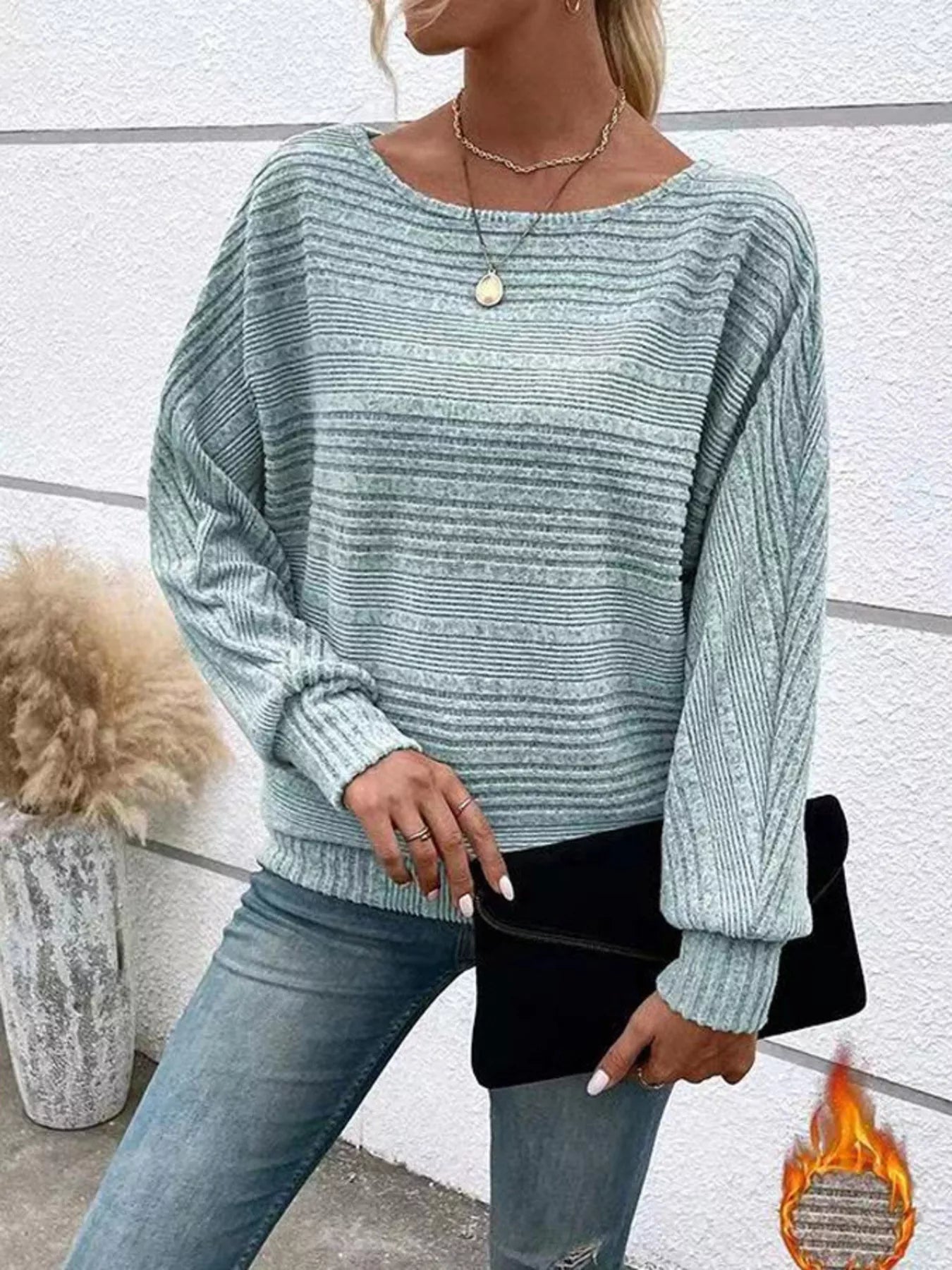 Ribbed Round Neck Long Sleeve Top