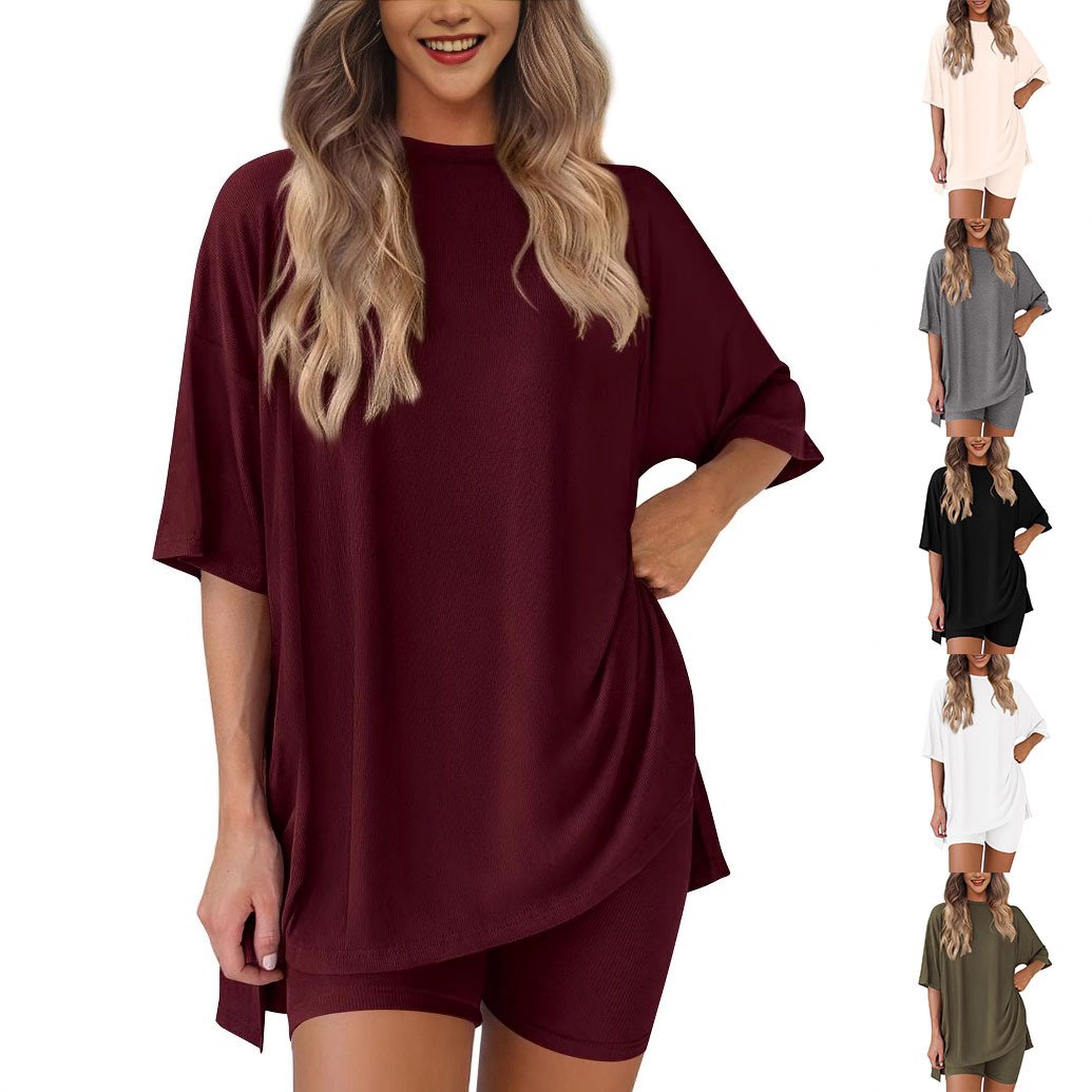 😍Last Day Promotion 49% OFF --Women's Two Piece Lounge Set 2026 Summer Casual Oversized Shirts Biker Shorts Matching Airport Travel Outfit Split Hem
