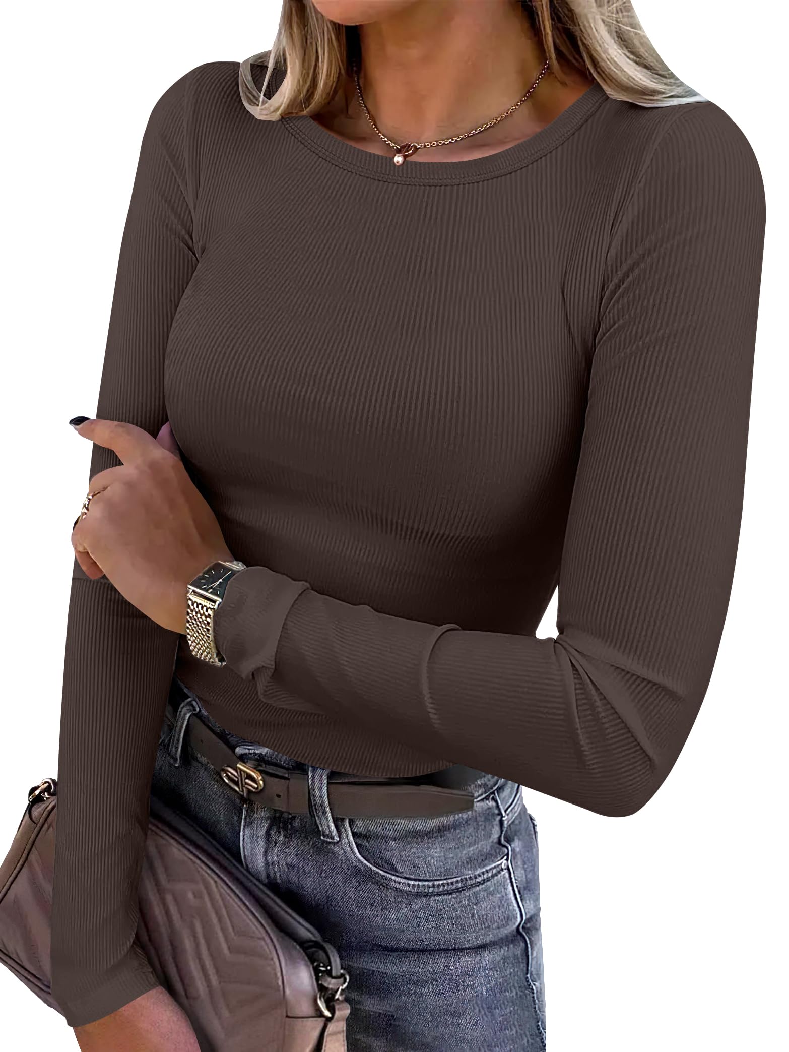ANRABESS Women's Long Sleeve Rib-Knit Shirt