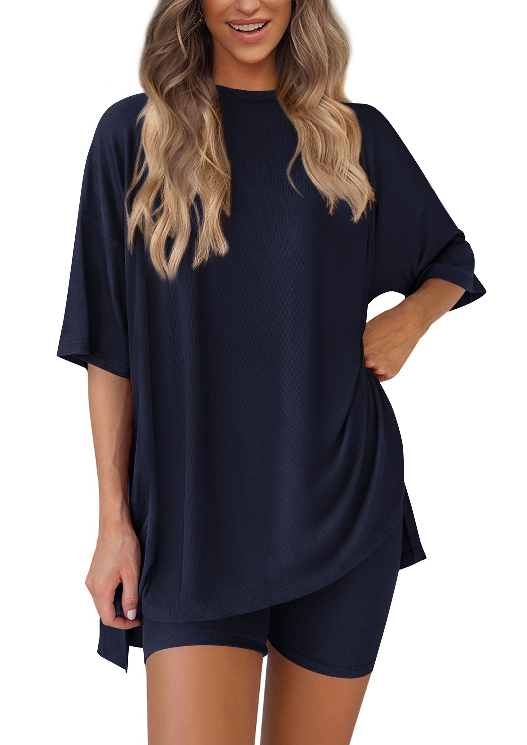 😍Last Day Promotion 49% OFF --Women's Two Piece Lounge Set 2026 Summer Casual Oversized Shirts Biker Shorts Matching Airport Travel Outfit Split Hem