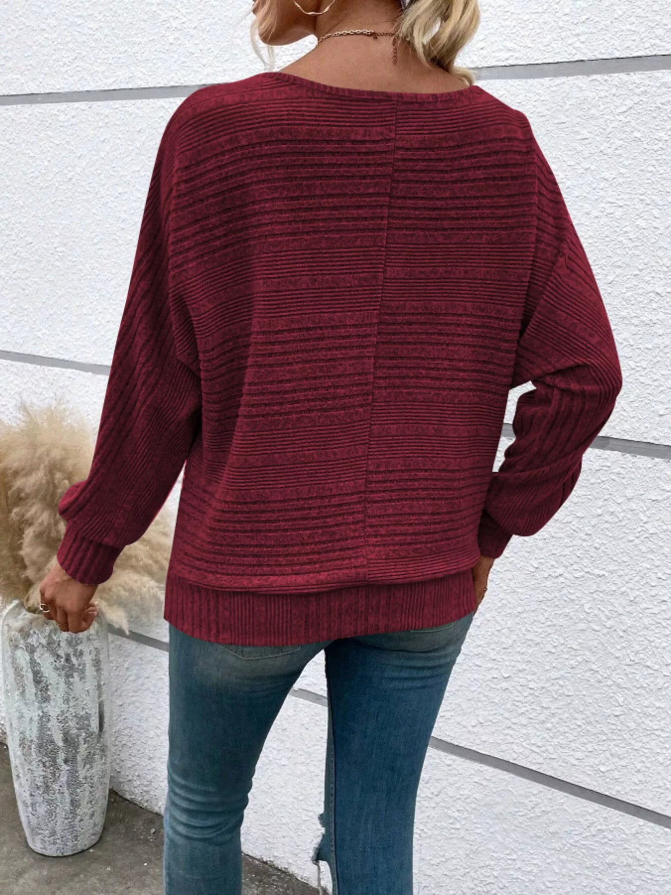 Ribbed Round Neck Long Sleeve Top