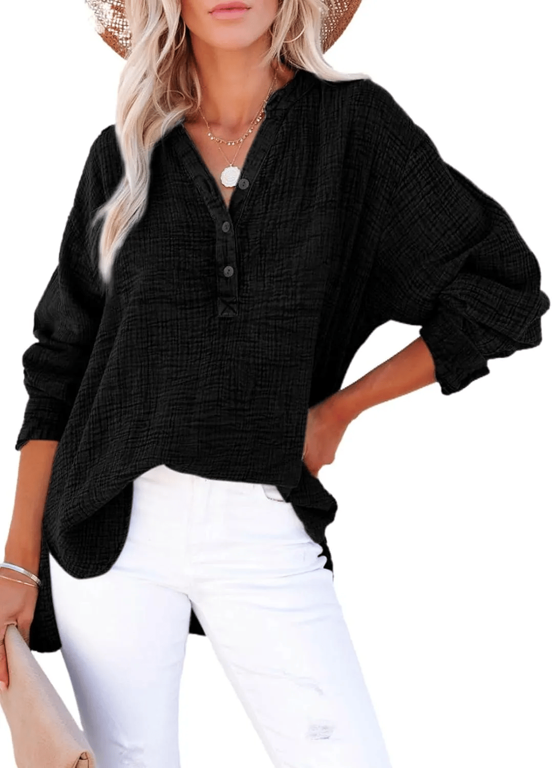 Limited time Sale🔥Womens Casual Gauze Button Neck Long Sleeve Oversized BlousesTops