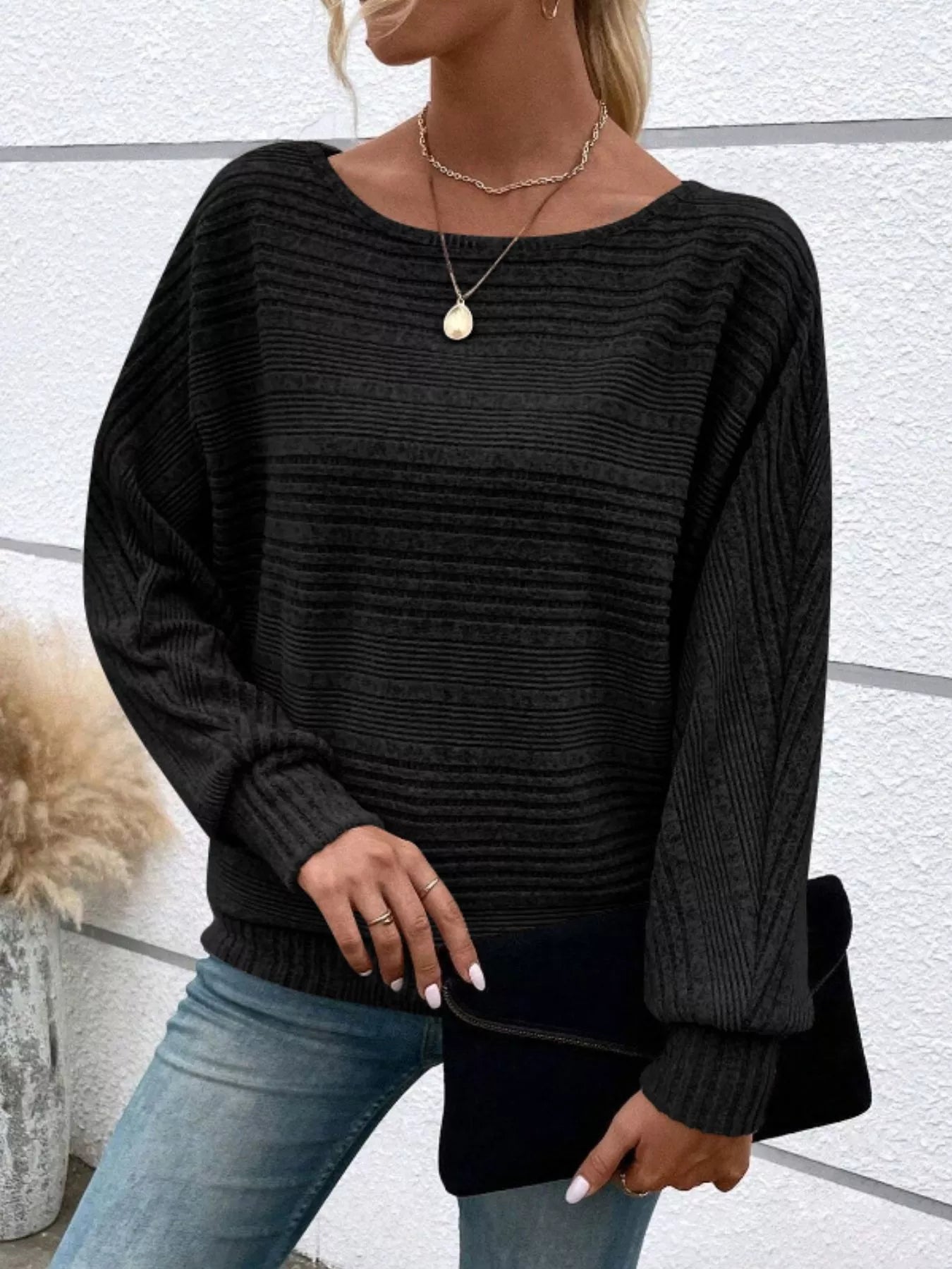Ribbed Round Neck Long Sleeve Top
