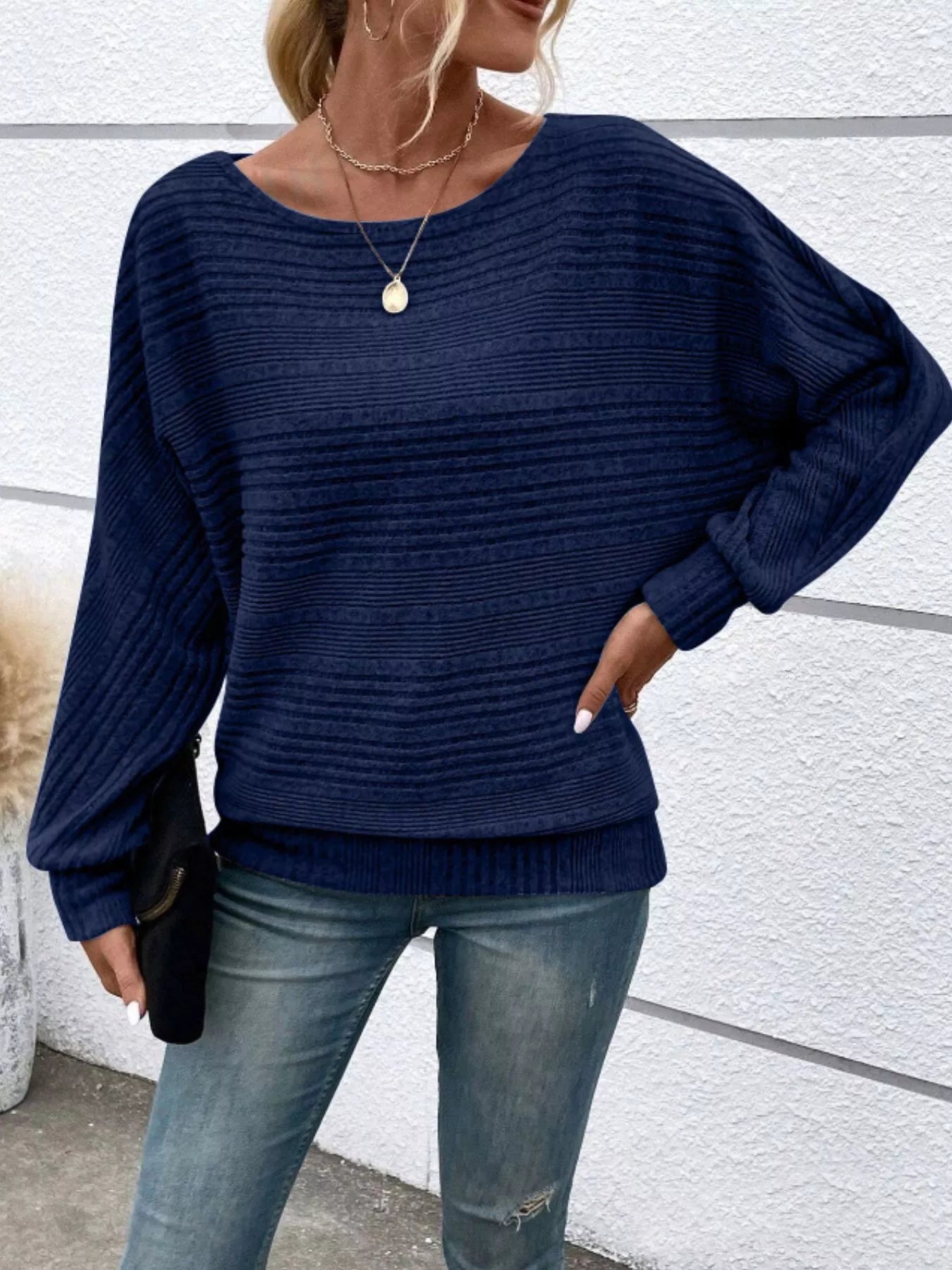 Ribbed Round Neck Long Sleeve Top