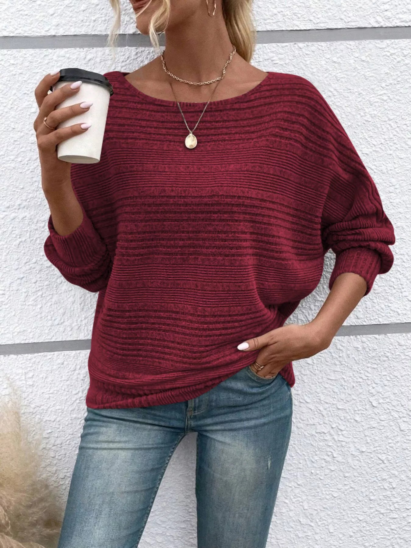Ribbed Round Neck Long Sleeve Top