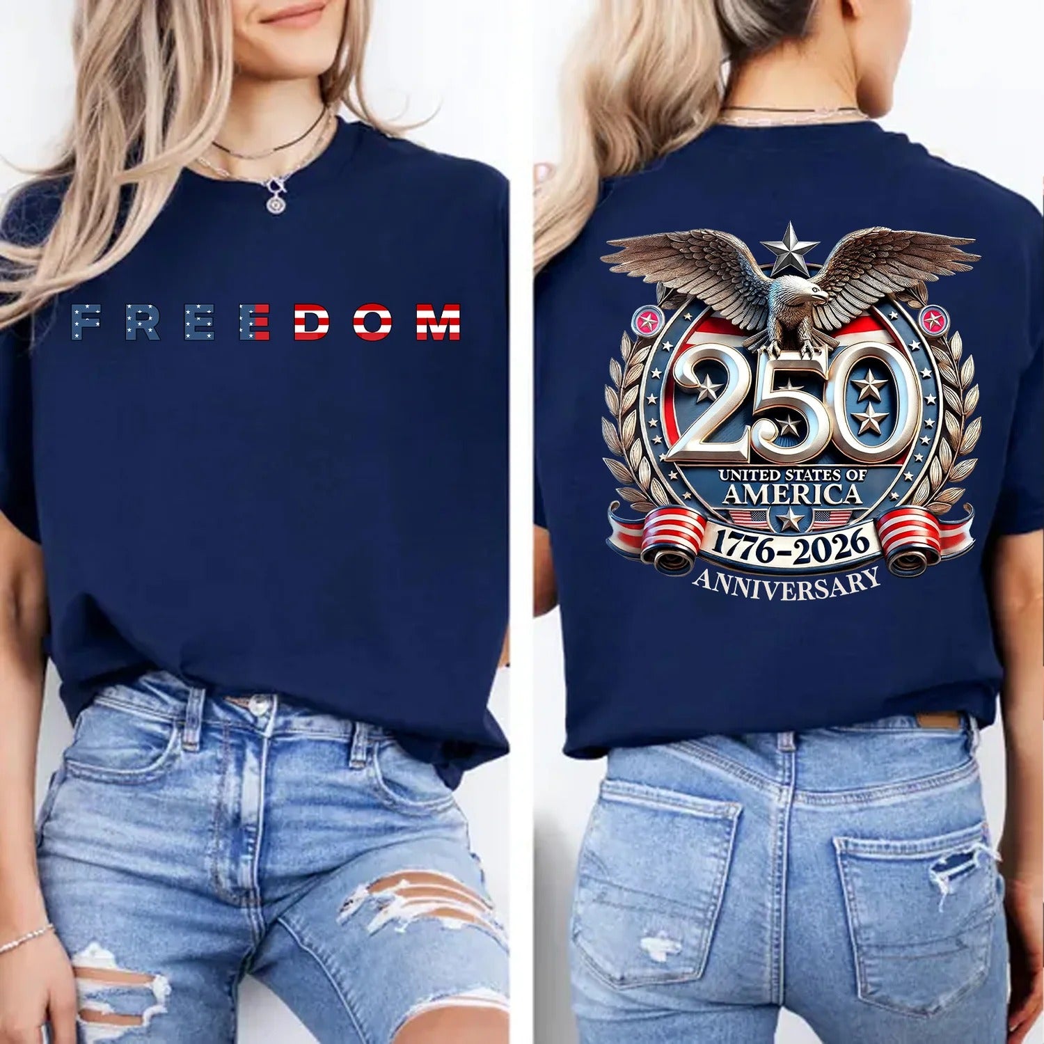 Freedom 250 Years Anniversary Dark Shirt, Patriotic 4th of July 1776–2026 Eagle US Flag Front & Back Shirt