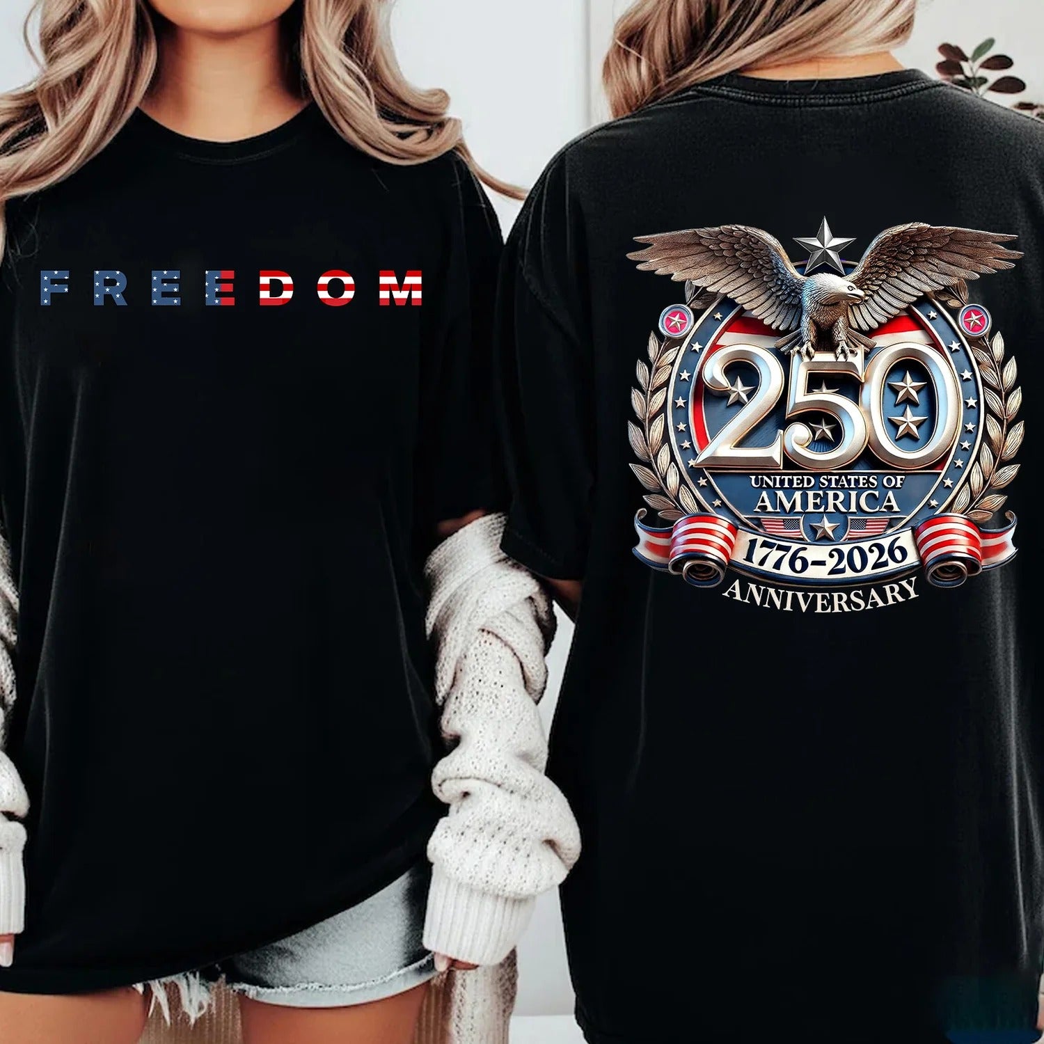 Freedom 250 Years Anniversary Dark Shirt, Patriotic 4th of July 1776–2026 Eagle US Flag Front & Back Shirt
