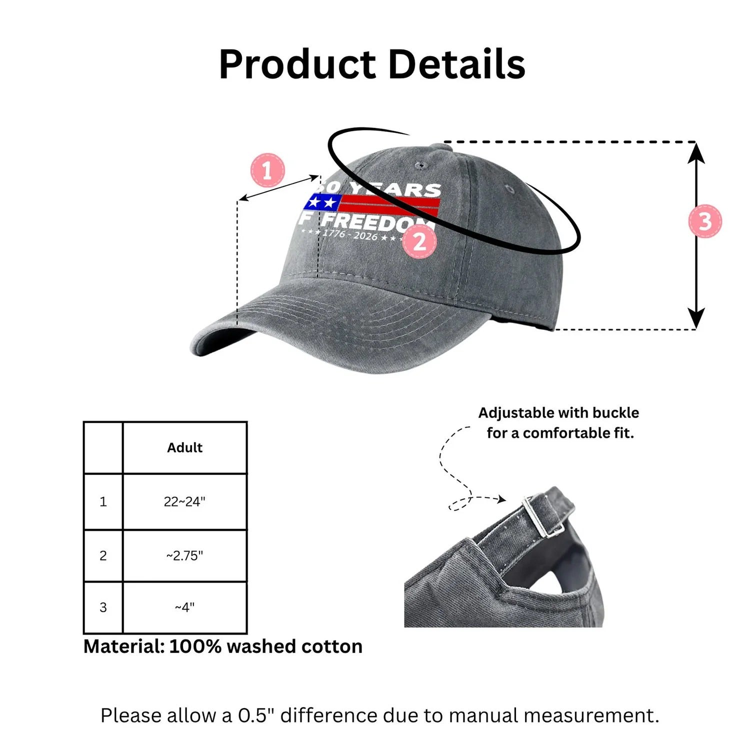 250 Years Anniversary Printed Vintage Washed Denim Baseball Cap, America 250th Anniversary Hat