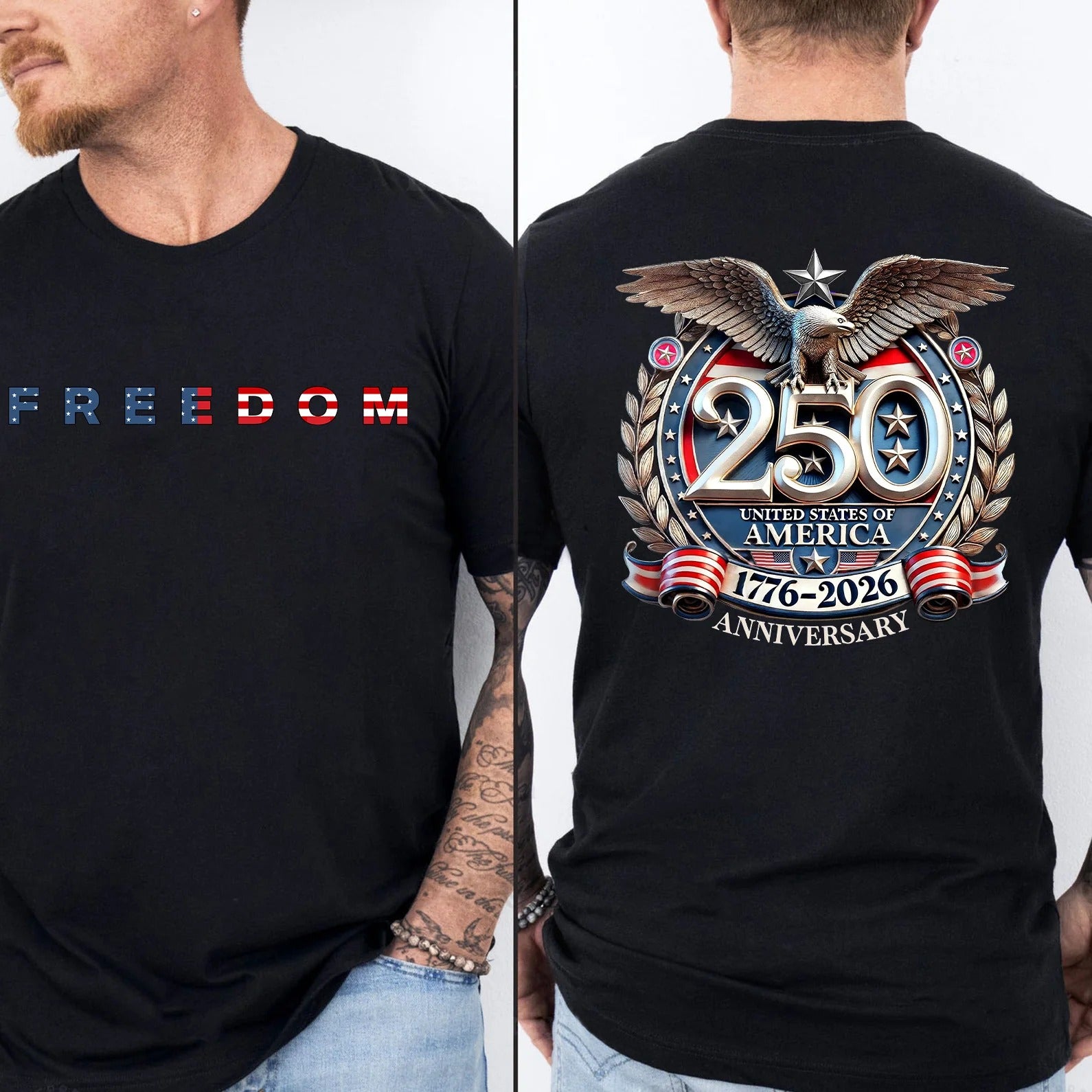 Freedom 250 Years Anniversary Dark Shirt, Patriotic 4th of July 1776�C2026 Eagle US Flag Front & Back Shirt