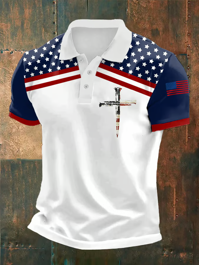 Faith Cross Retro American Flag Printed Polo, 250th Anniversary Men's Patriotic Shirt