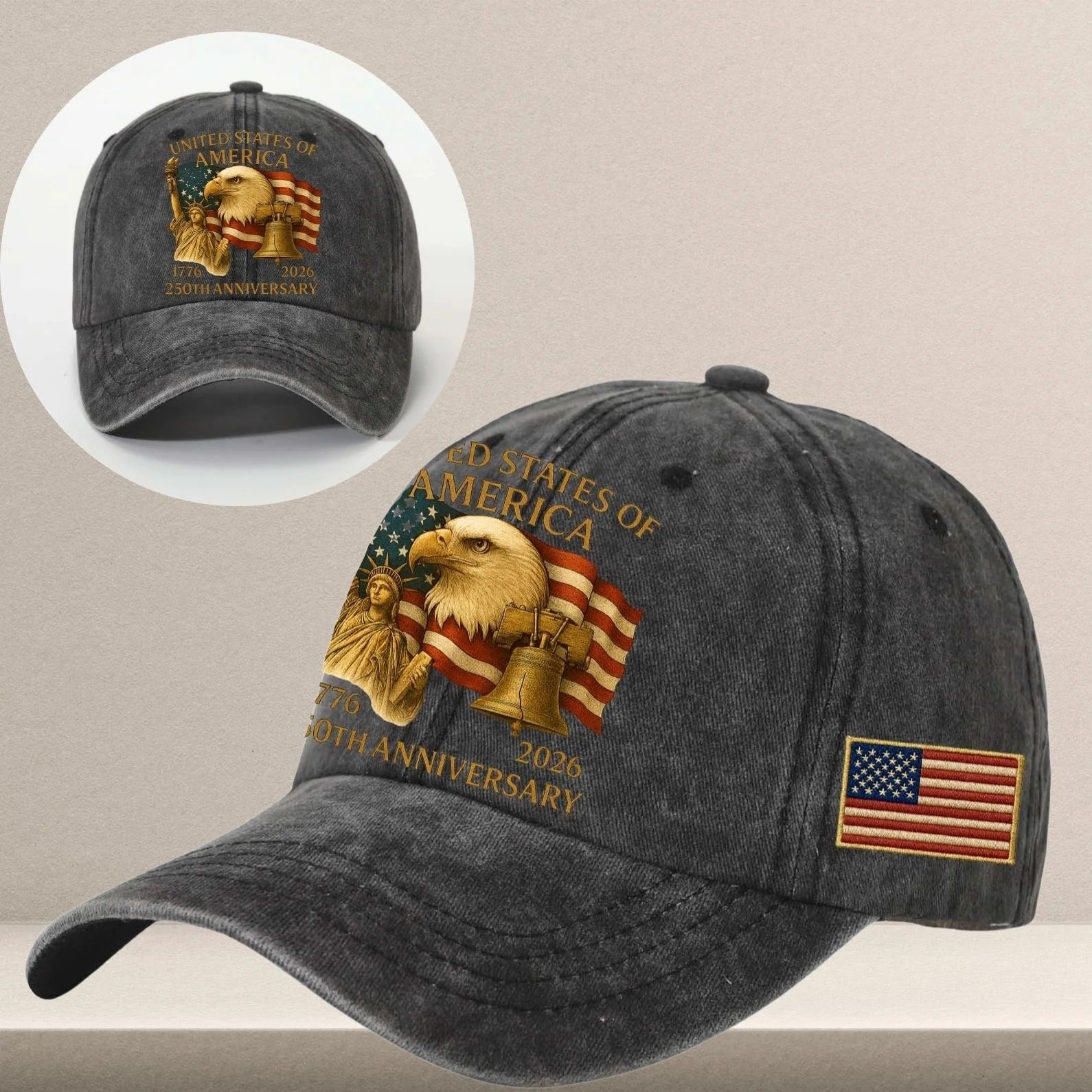 250 Years Anniversary Printed Vintage Washed Denim Baseball Cap, America 250th Anniversary Hat