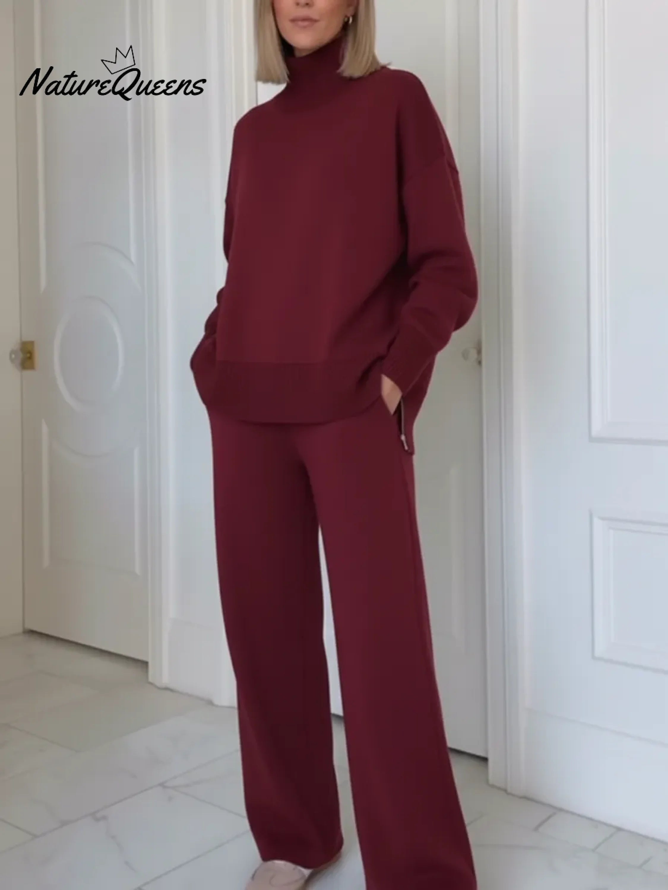 Casual Travel Stand Collar Side Zipper Top Straight Pants Two-Piece Set