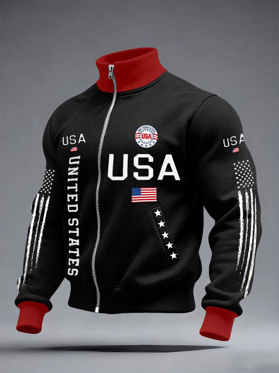 Men’s Stars and Stripes Jacket – American Style Zip-Up Outerwear