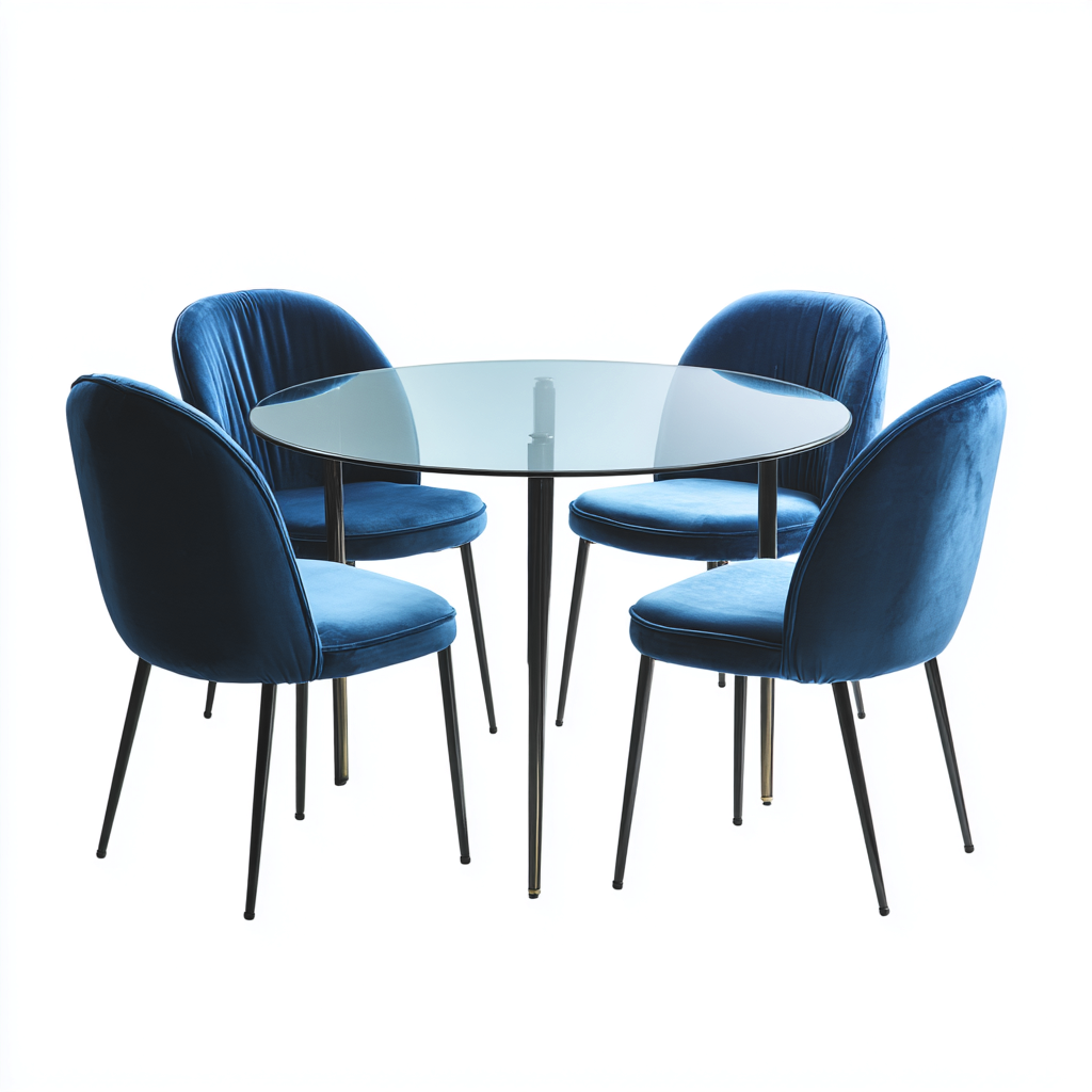 Ensemble table et chaises-verre-velours-métal-105x105x75 cm-bleu-noir-style contemporain-Interiorsta