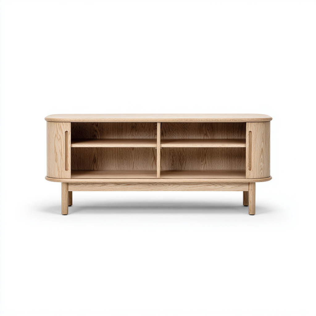 Meuble TV en chêne clair avec bords arrondis et étagères ouvertes – 120x40x55 cm – chêne – design scandinave naturel-Interiorsta