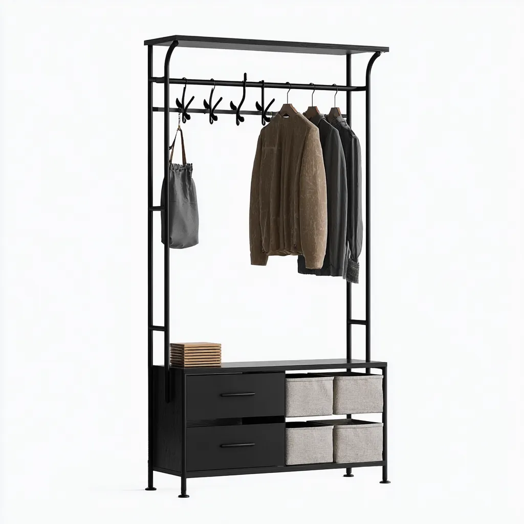 Porte manteau métal avec rangement 95x40x185 cm - noir - pour entrée - design moderne-Interiorsta