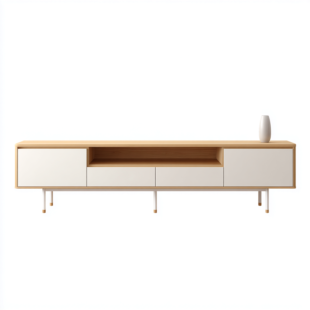 Meuble TV - bois et métal - 180x40x55 cm - blanc-naturel - style scandinave-Interiorsta