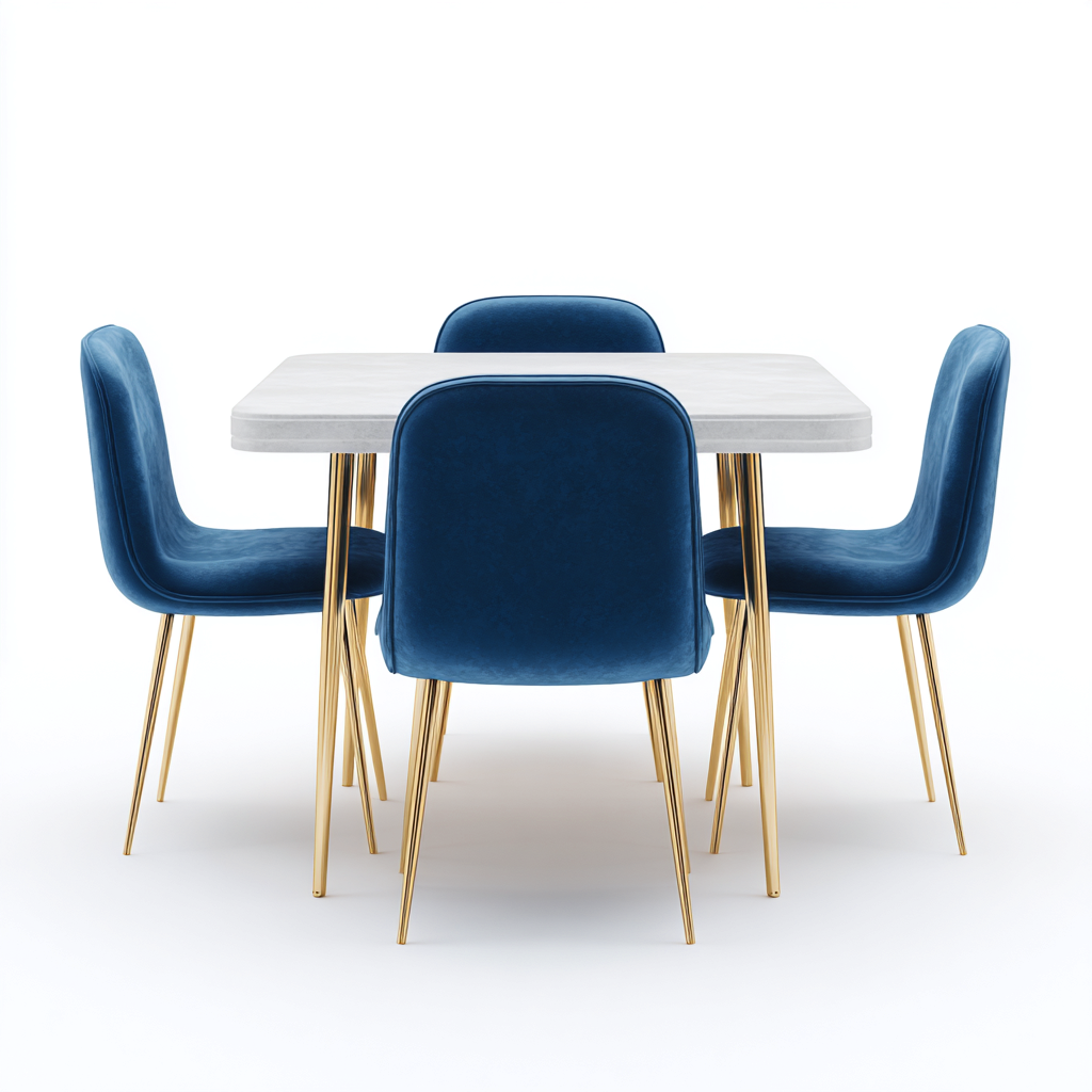Ensemble table et chaises - marbre-métal-velours - 135x80x75 cm - bleu-blanc-or - style moderne-Interiorsta