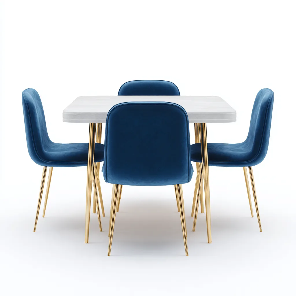 Ensemble table et chaises - marbre-métal-velours - 135x80x75 cm - bleu-blanc-or - style moderne-Interiorsta