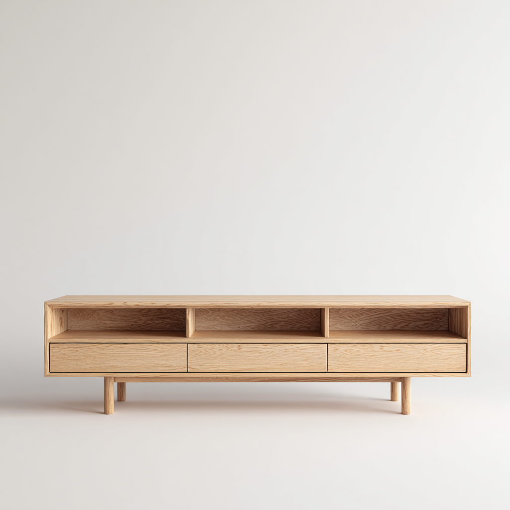 Meuble TV en bois naturel avec trois tiroirs et étagères ouvertes – 150x40x50 cm – boisnaturel – style scandinave moderne-Interiorsta