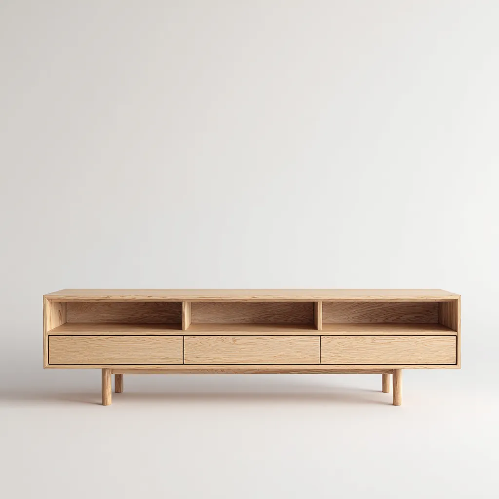 Meuble TV en bois naturel avec trois tiroirs et étagères ouvertes – 150x40x50 cm – boisnaturel – style scandinave moderne-Interiorsta