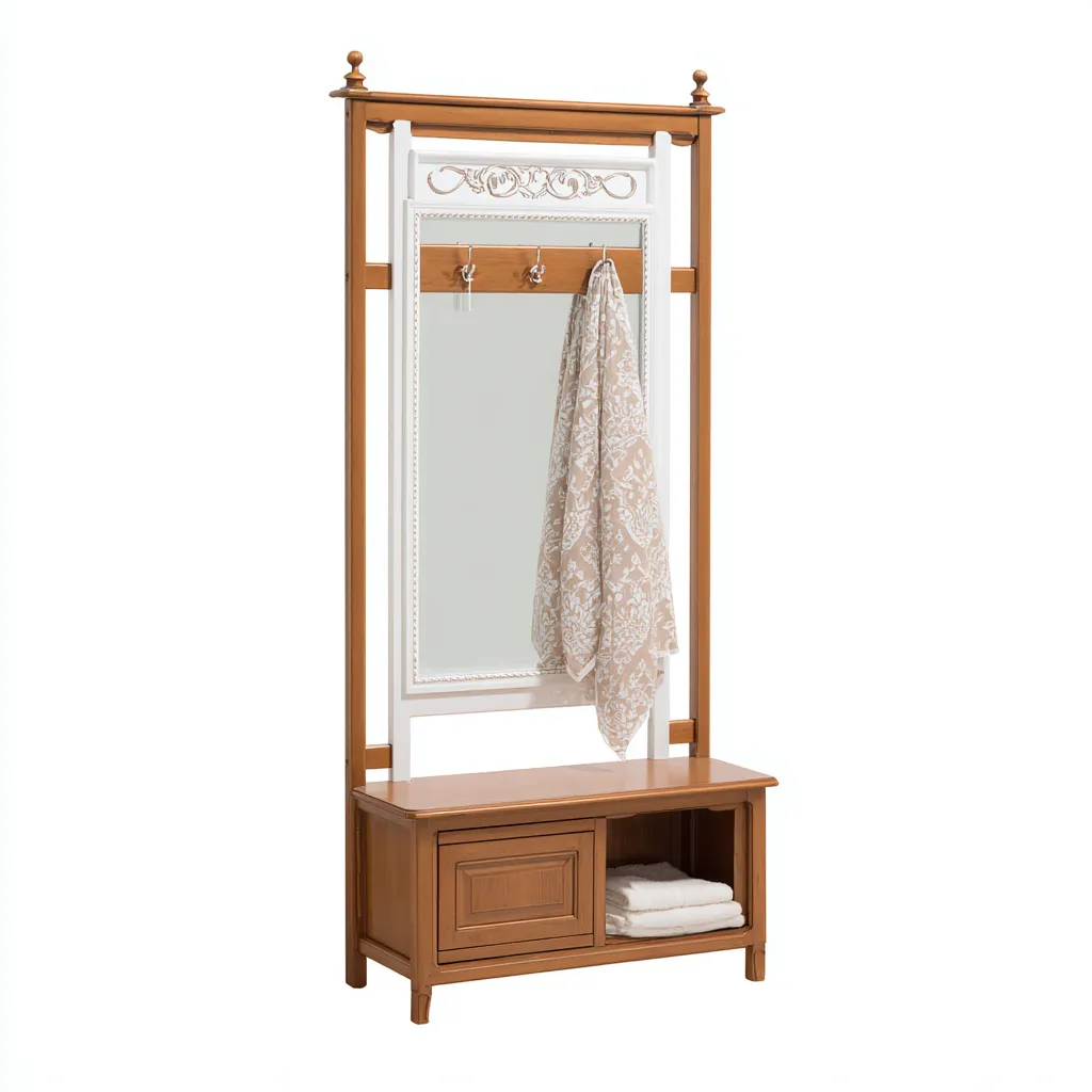 Porte manteau - bois - 80x35x185 cm - marron - blanc - adapté à l'entrée - avec miroir et rangement - design classique-Interiorsta