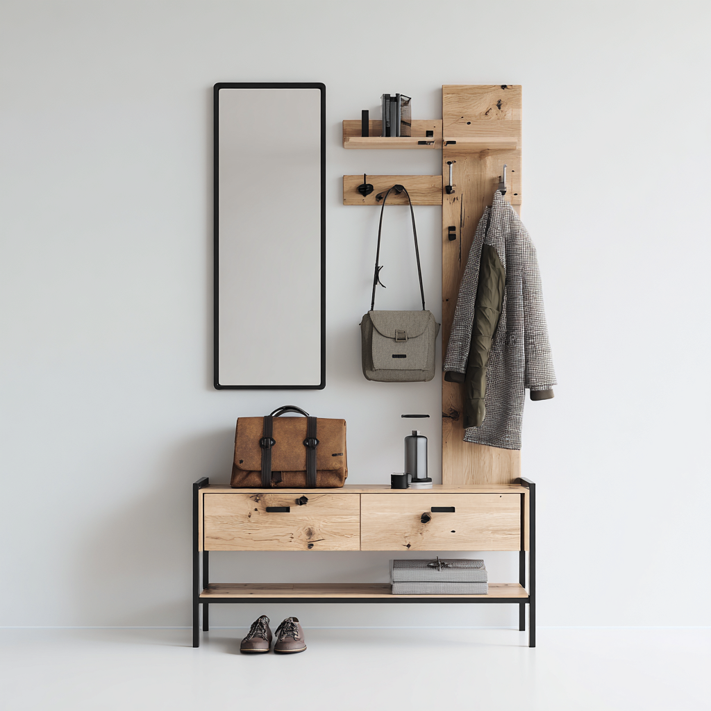 Porte manteau - bois - métal - 110x38x180 cm - bois naturel - noir - adapté à l'entrée - avec miroir, étagères et meuble bas - design moderne-Interiorsta