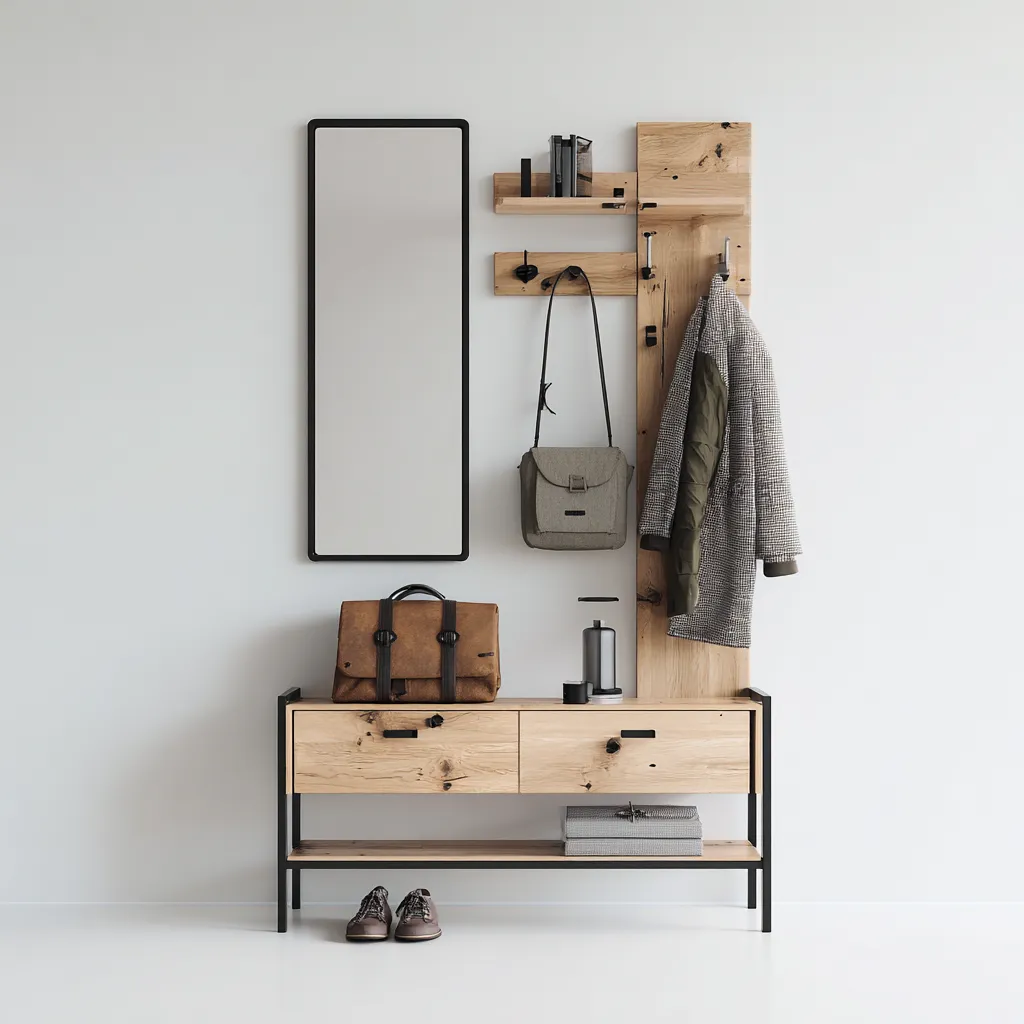 Porte manteau - bois - métal - 110x38x180 cm - bois naturel - noir - adapté à l'entrée - avec miroir, étagères et meuble bas - design moderne-Interiorsta