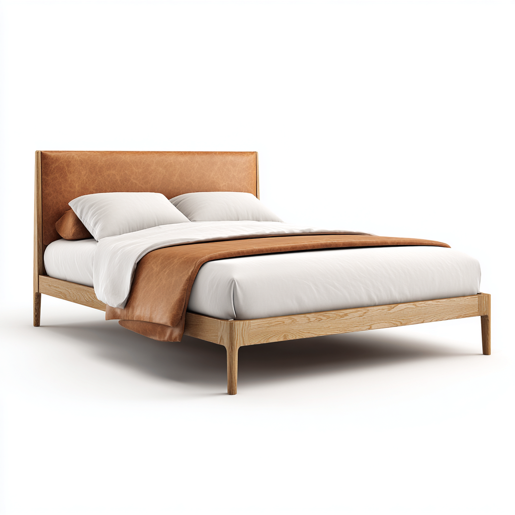 Lit 2 places en bois et simili cuir 200x180x105 cm - marron-beige - style scandinave - adapté à la chambre-Interiorsta