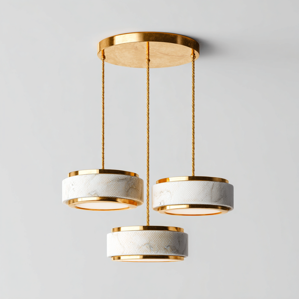 Suspension 3 lampes - métal doré et abat-jour marbré - blanc-or - design moderne-Interiorsta