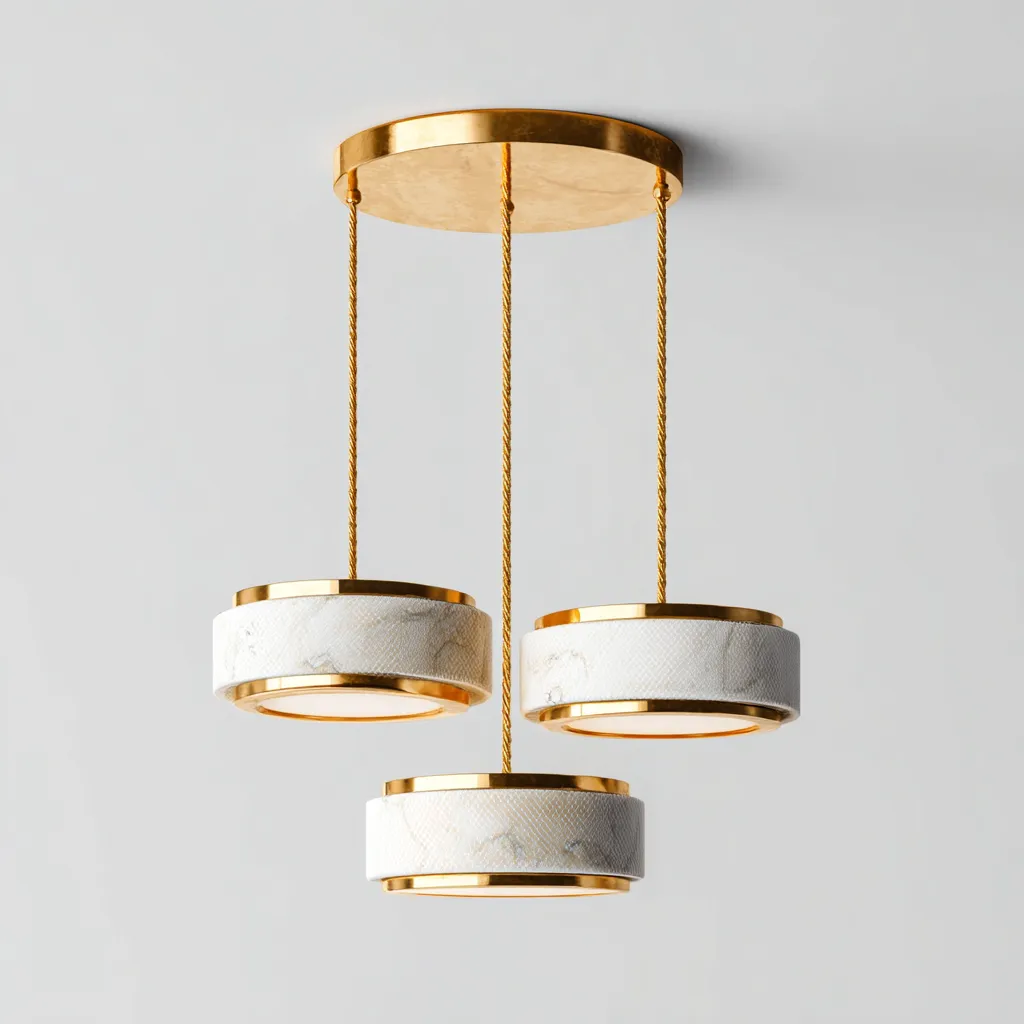 Suspension 3 lampes - métal doré et abat-jour marbré - blanc-or - design moderne-Interiorsta