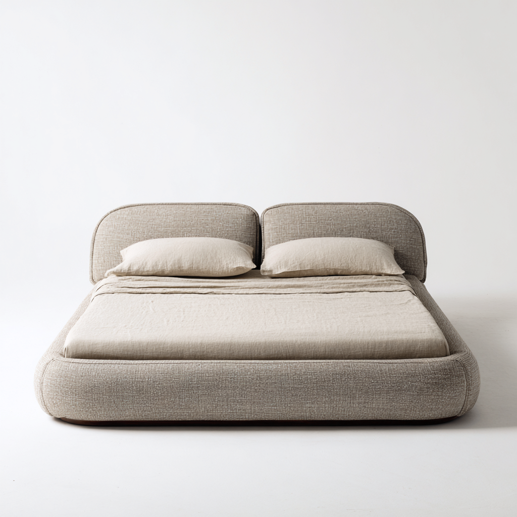 Lit double tissu rembourré arrondi 200x180x94 cm - beige clair - design moderne - adapté pour chambre-Interiorsta