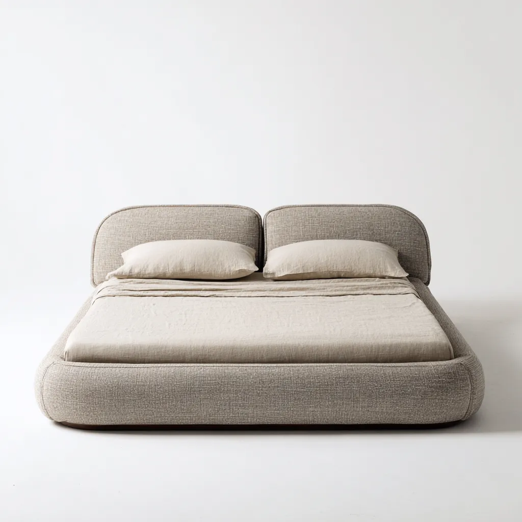 Lit double tissu rembourré arrondi 200x180x94 cm - beige clair - design moderne - adapté pour chambre-Interiorsta