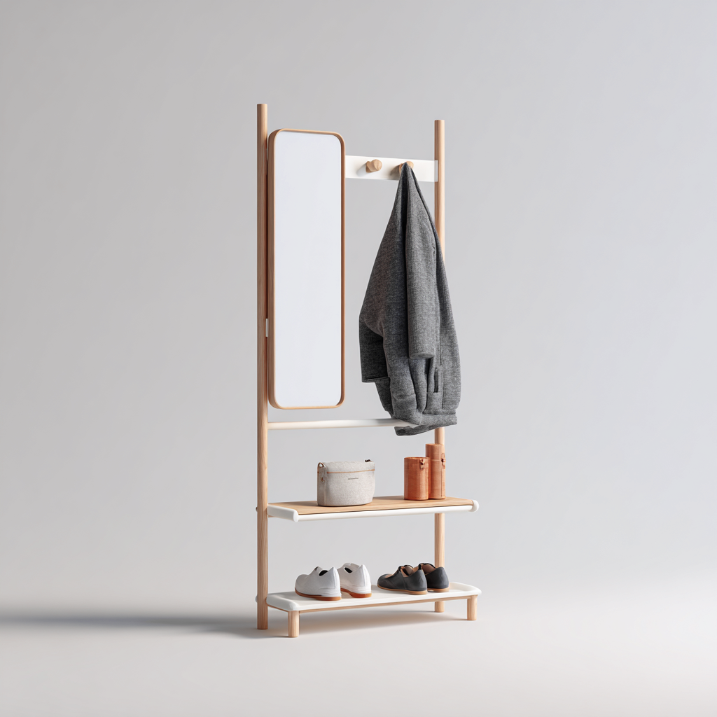 Porte manteau - bois - métal - 65x30x175 cm - blanc - bois naturel - adapté à l'entrée - avec miroir et étagères - design moderne-Interiorsta