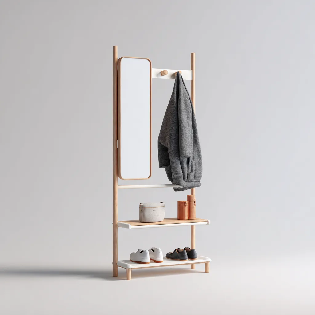 Porte manteau - bois - métal - 65x30x175 cm - blanc - bois naturel - adapté à l'entrée - avec miroir et étagères - design moderne-Interiorsta