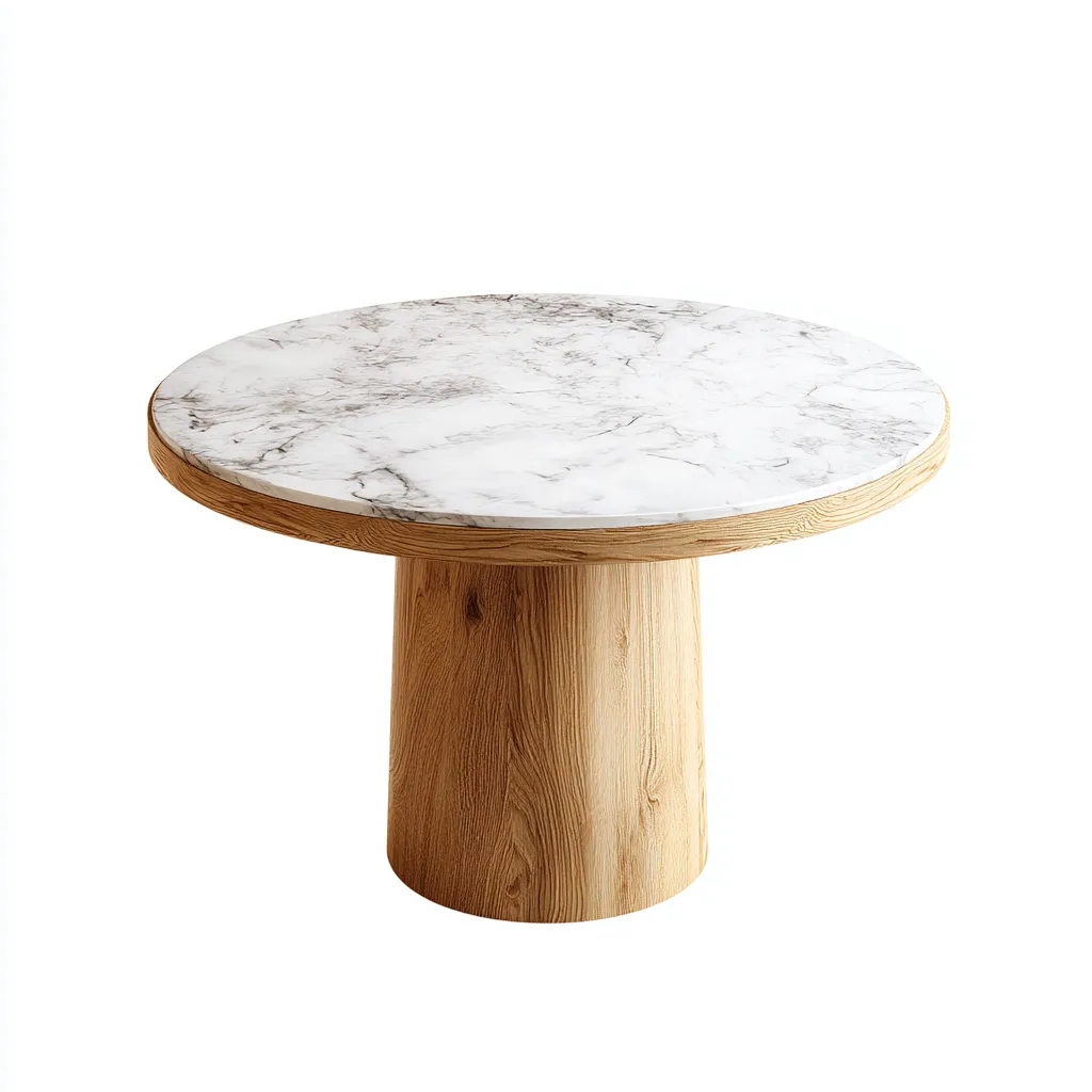 Table a manger bois et effet marbre 120x120x75 cm blanc et bois design moderne pour salle a manger-Interiorsta
