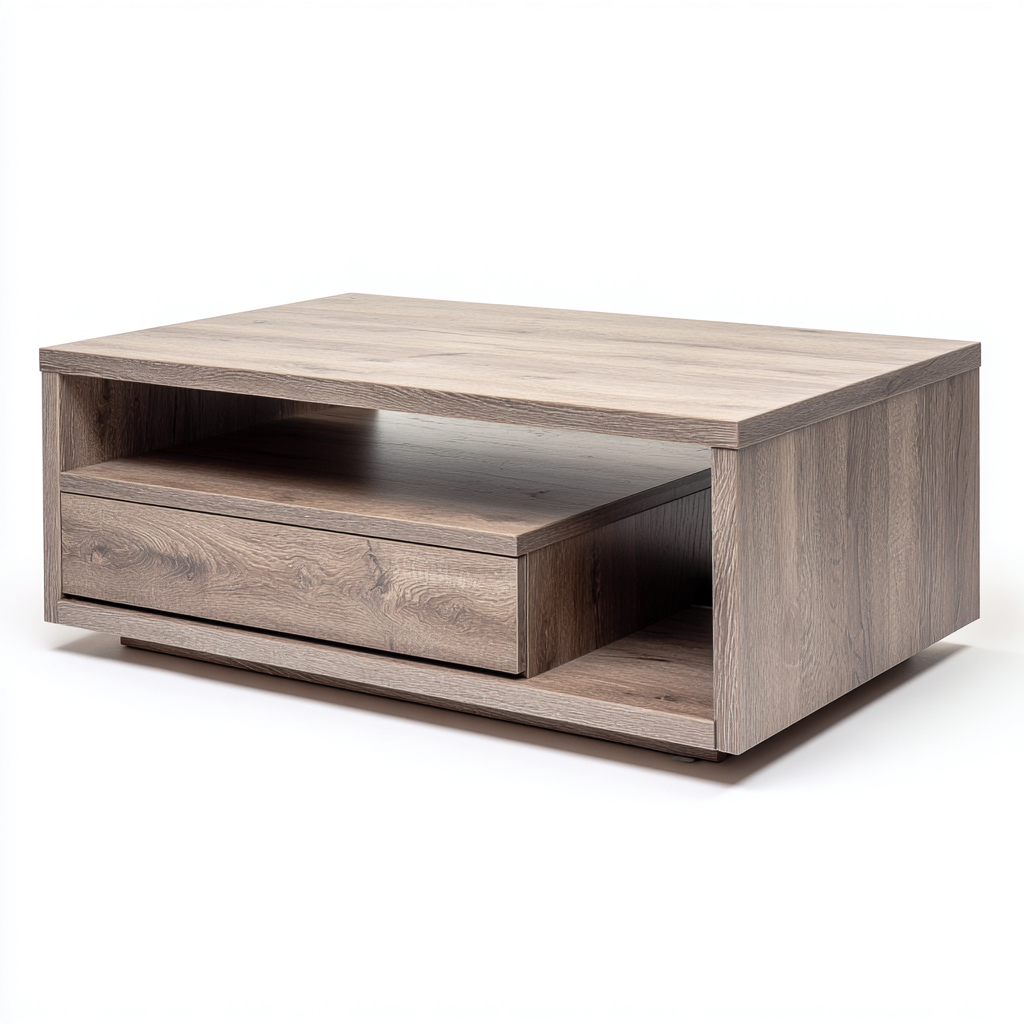 Table basse bois chêne gris 100x60x42 cm design moderne - tiroir et niche ouverte-Interiorsta