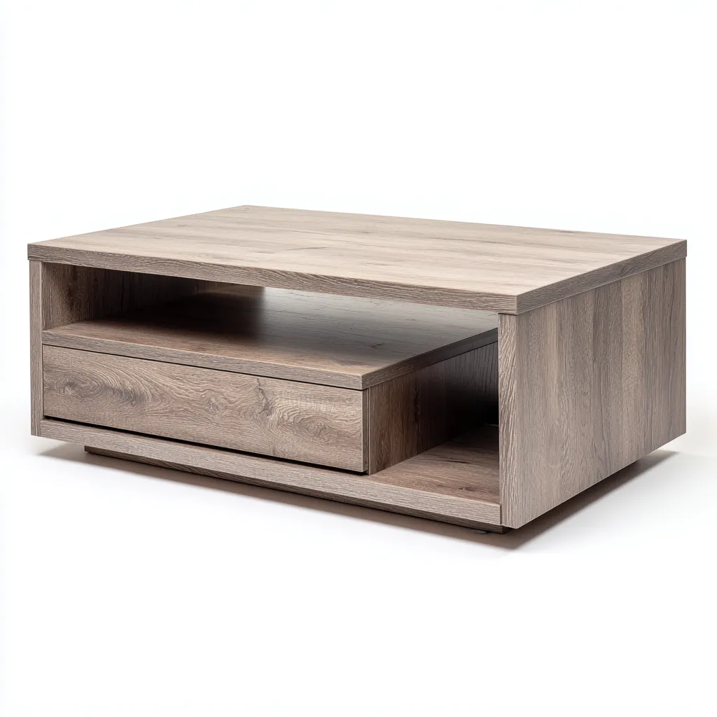 Table basse bois chêne gris 100x60x42 cm design moderne - tiroir et niche ouverte-Interiorsta