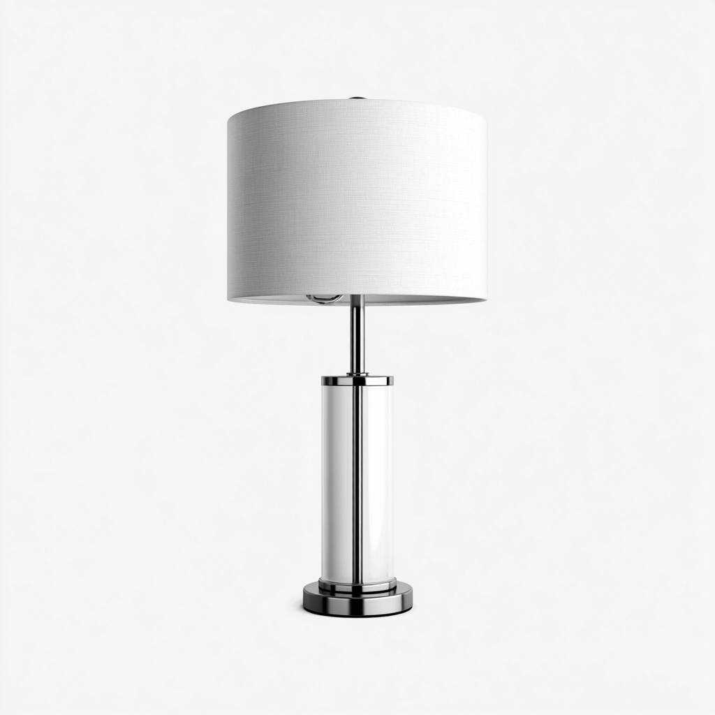 Lampe de table métal-tissu 28x28x55 cm argent-blanc design moderne-Interiorsta
