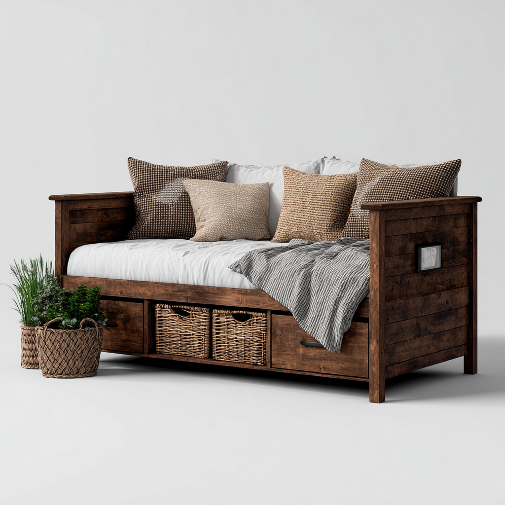 Canapé-lit bois massif 210x105x90 cm - marron foncé - avec tiroirs et rangements paniers - style rustique-Interiorsta