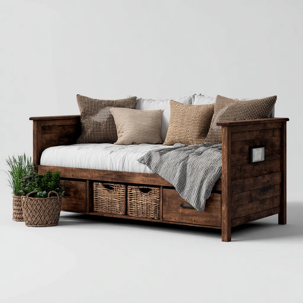 Canapé-lit bois massif 210x105x90 cm - marron foncé - avec tiroirs et rangements paniers - style rustique-Interiorsta