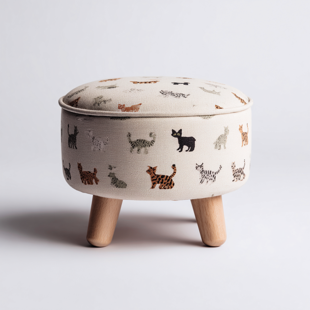 Tabouret rond en tissu à motif chat avec pieds en bois – 35x35x40 cm – beige multicolore – style ludique scandinave-Interiorsta