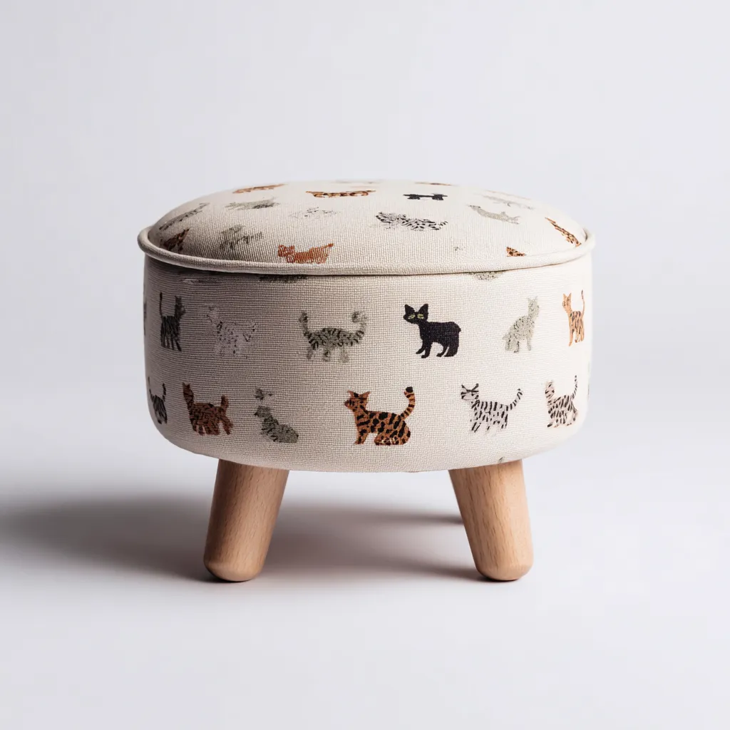 Tabouret rond en tissu à motif chat avec pieds en bois – 35x35x40 cm – beige multicolore – style ludique scandinave-Interiorsta