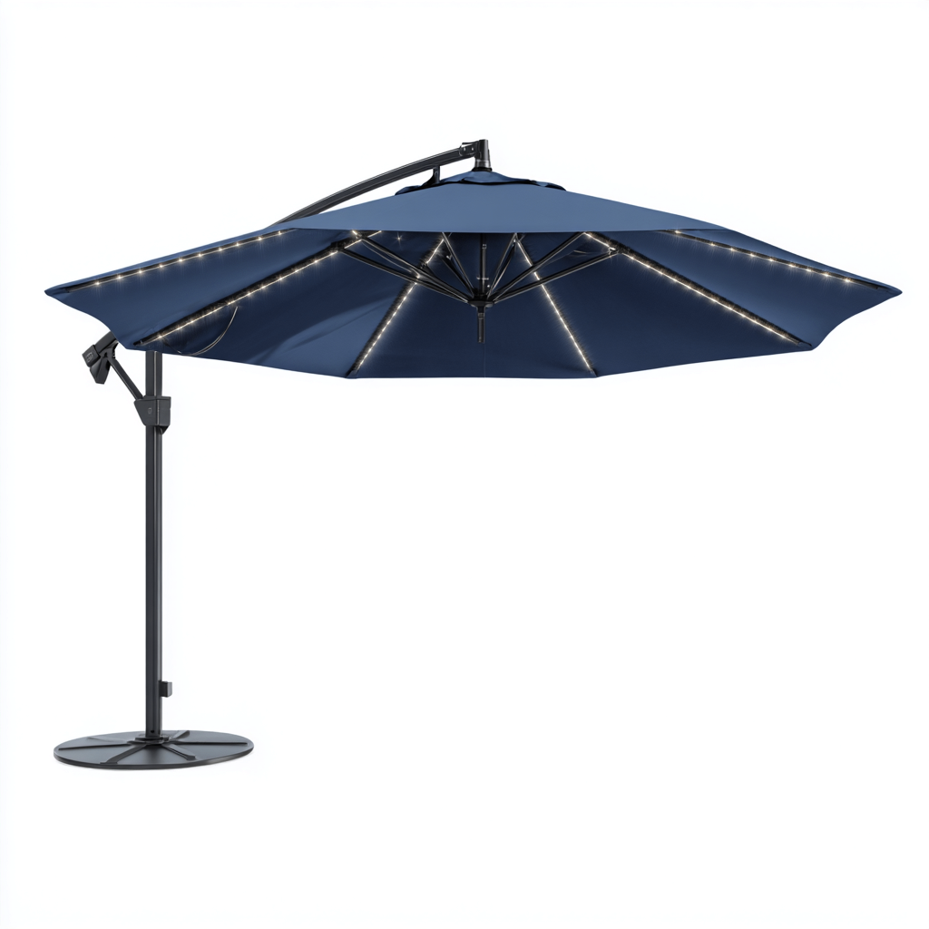 Parasol de jardin - aluminium et polyester - 300x300x260 cm - bleu marine - pour terrasse et jardin - avec éclairage LED solaire - design suspendu moderne-Interiorsta