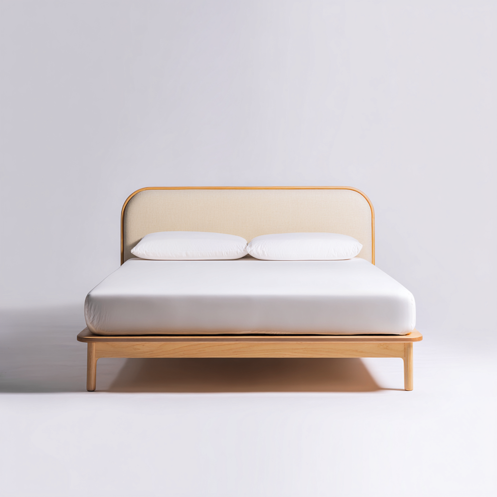 Lit 2 places en bois et tissu 200x180x95 cm - chêne clair-beige - style naturel - adapté à la chambre-Interiorsta