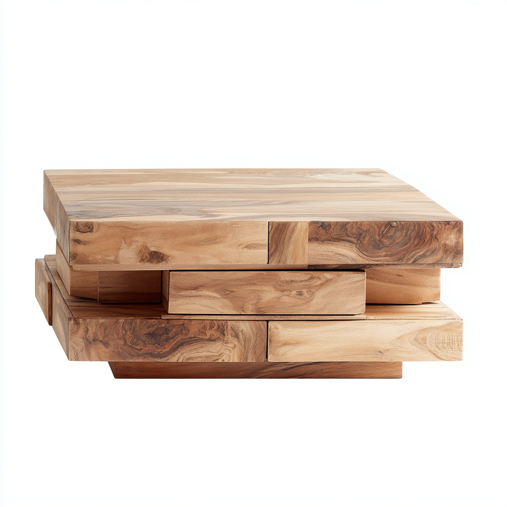 Table basse bois naturel 100x100x42 cm design sculptural - structure empilée-Interiorsta