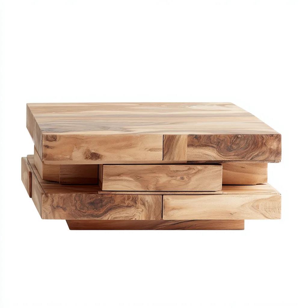 Table basse bois naturel 100x100x42 cm design sculptural - structure empilée-Interiorsta