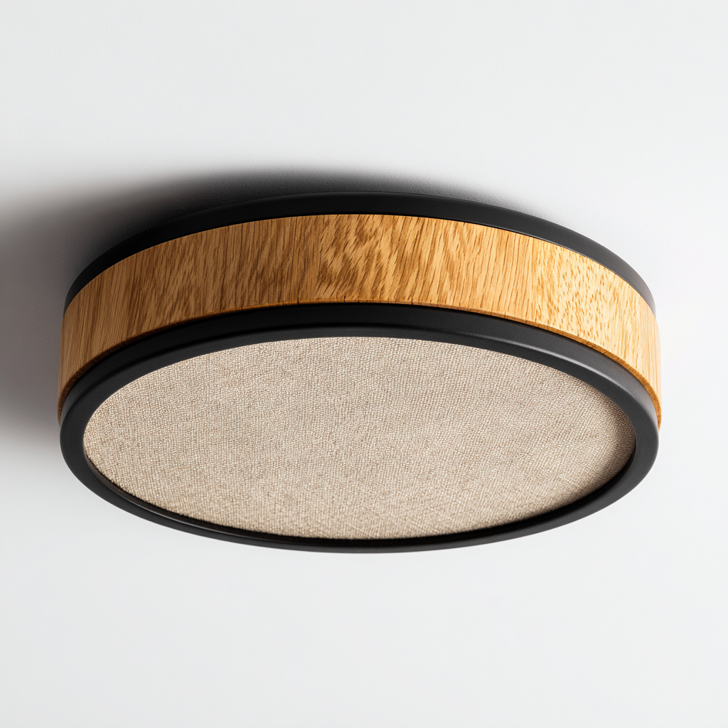 Plafonnier bois et tissu 38x38 cm - beige-noir - éclairage doux - style naturel-Interiorsta